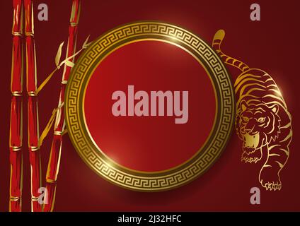 Dekorativer goldener Kreis mit orientalischem Ornament, goldenem Tiger und Bambus-Linienkunst, chinesisches Neujahrskartenthema Stock Vektor