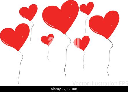 Herzförmige rote Ballons mit schwarzen Ballonfäden. Vektorgrafik nach dem Konzept der Einfachheit Stock Vektor