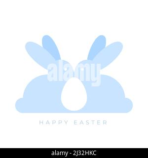 Frohe Ostern. Minimalistische Hasen und weißes Osterei. Blassblaue Farbe. Für Grußkarte, Poster, Banner. Vektorgrafik, flaches Design Stock Vektor