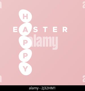 Frohe Ostern. Vertikaler Titel in weißen Eiern. Rosa Farbe. Für Grußkarte, Poster, Banner. Vektorgrafik, flaches Design Stock Vektor