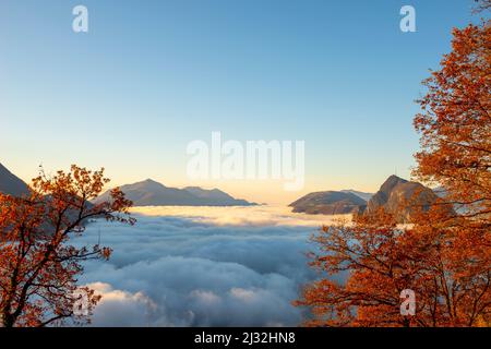 Berggipfel San Salvatore über der Wolkenlandschaft mit Herbstbaum und Sonnenlicht mit klarem Himmel in Lugano, Tessin in der Schweiz. Stockfoto