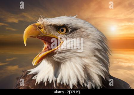 Weißkopfseeadler mit offenem Schnabel. Seitliches Hochformat. Im Hintergrund ist ein bunter Himmel mit Wolken bei Sonnenuntergang. Stockfoto