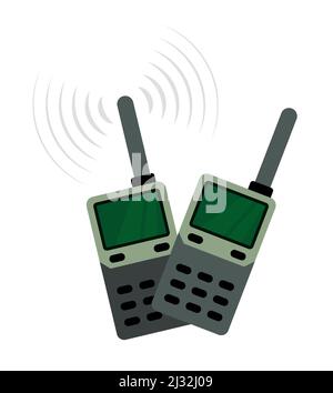 Der Radiosender sendet ein drahtloses Signal. Wireless Walkie Talkie von Wachmann, Soldat. Flacher Vektor auf weißem Hintergrund isoliert Stock Vektor