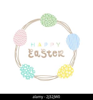 Frohe Ostern. Kreiskranz mit bunten Eiern. Pastellfarben. Für Grußkarte, Poster, Banner. Vektorgrafik, flaches Design Stock Vektor