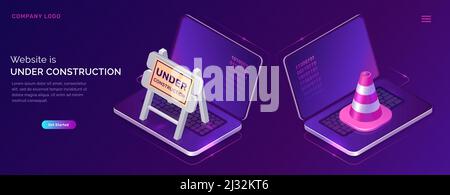 Website im Aufbau, Wartungsarbeiten oder Fehler Seite isometrische Konzept Vektor Illustration. Zwei offene Laptops, Verkehrskegel und Warnstraßenraff Stock Vektor