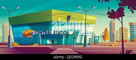 Hauptbahnhof für Bus oder Bahn. Vektor Cartoon Stadtbild mit modernen Stadtverkehr Gebäude, Straße mit Ampeln und Parkplatz. Waiti Stock Vektor