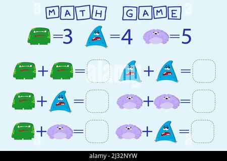 Zählen Spiel mit Monstern. Arbeitsblatt für Vorschulkinder, Aktivitätsblatt für Kinder, druckbares Arbeitsblatt Stockfoto