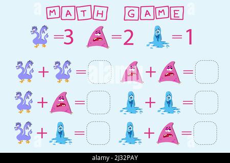 Zählen Spiel mit Monstern. Arbeitsblatt für Vorschulkinder, Aktivitätsblatt für Kinder, druckbares Arbeitsblatt Stockfoto