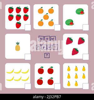 Wie viele Zählspiel mit Früchten. Arbeitsblatt für Kinder im Vorschulalter, Aktivitätsblatt für Kinder, druckbares Arbeitsblatt Stockfoto