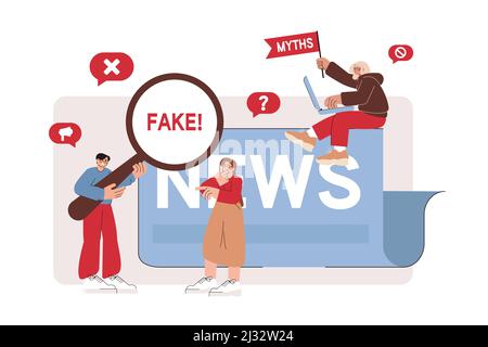 Flache Menschen Scannen gefälschte Nachrichten in sozialen Netzwerken veröffentlicht und Hoax Informationen im Internet, Medien Presse. Mann mit Lupe, der falsche Fakten, Mythen überprüft. Propaganda oder Desinformation online Stock Vektor