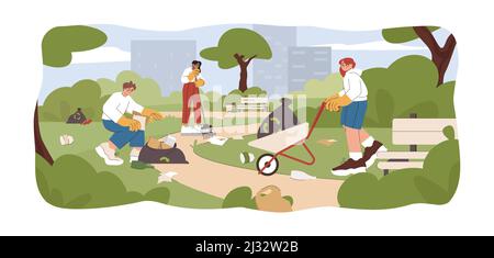 Flaches ehrenamtliches Team säubert den Stadtpark, sammelt Müll. Junge Leute sammeln Müll zusammen, sammeln Müll in Recycling-Müllsäcke. Reinigung von Abfällen für das Recycling. Konzept für Umweltprobleme. Stock Vektor