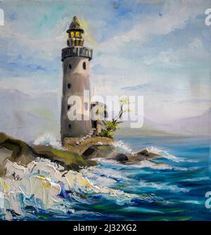 Leuchtturm am Meer. Ölgemälde mit Pinselstrichen. Stockfoto