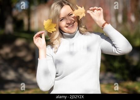 Lächelnd blonde Frau weißen Pullover, hält goldene Laub gelbe Blätter Ahorn zwei Hände, versteckt Gesicht, verschwommen. Nahaufnahme