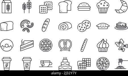 Brot, Backwaren, Gebäck und Süßwaren Icon-Set. Isolierte Zeilensymbole Stock Vektor