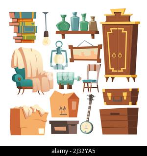 Alte Retro-Möbel Set Cartoon Vektor Illustrationen. Kollektion Vintage Elemente für Wohnzimmer Interieur, Sessel mit Karo, Kleiderschrank und Brust Stock Vektor