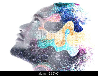 Paintographie. Abstrakte bunte Malerei kombiniert mit Schwarz-Weiß-Porträt Stockfoto