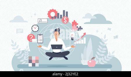 Multitasking Geschäftsmann in Lotus Yoga Pose arbeiten mit Laptop-Vektor-Illustration. Cartoon beschäftigt Unternehmen Büroangestellte Mann Charakter Ausgleich zwischen Arbeitsaufgaben. Effektives Zeitmanagement-Konzept Stock Vektor