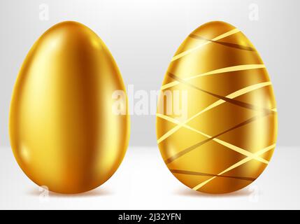Golden Eggs realistische Vektor-Set-Illustration. Leuchtende Ostereier aus Gold Metall mit elegantem Muster verziert, festliches Geschenk mit Schatten und Reflec Stock Vektor