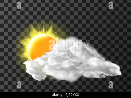 Sonne Licht Wolke Abdeckung Wetter Meteo Symbol realistische Vektor-Illustration. Realistische Elemente für Wettervorhersage, Sonne und weiße Wolke, isoliert auf tran Stock Vektor