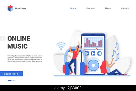 Menschen hören Musik online. Kleine Frau und Mann hören Audio-Podcast, mp3 Musik über Smartphone flache Vektor-Illustration. Digitales Wiedergabelistenkonzept für Banner, Website-Design oder Landing Web-Seite Stock Vektor