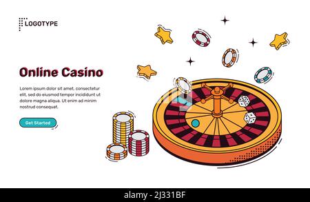 Online Casino isometrische Landing Page, Rotierende Roulette Rad mit Würfel, Chips und Sterne, Internet-Glücksspiel-Spiele-Service, Erholung Internet busines Stock Vektor