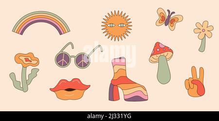 Hippie-Elemente im 60s-80s-Stil. Psychedelisch, komisch groovige Elemente. Stockfoto