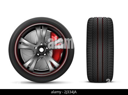 Sportwagen-Rad mit roten Bremsgetriebe und japanische Stahlscheibe isoliert auf weißem Hintergrund Vorder-und Seitenansicht. Realistische 3d-Symbol von jdm Rad mit Blac Stock Vektor
