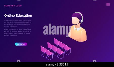 Online-Bildung oder Schulung isometrischen Konzept Vektor Illustration. Sprecherfigur im Headset und leere Sitze im Unterricht, isoliert auf violettem Banner, Web Stock Vektor