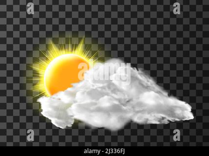Sonne Licht Wolke Abdeckung Wetter Meteo Symbol realistische Vektor-Illustration. Realistische Elemente für Wettervorhersage, Sonne und weiße Wolke, isoliert auf tran Stock Vektor