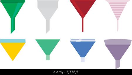 Filter Set Design Cartoon für Reinigungsinformationen oder gießen Sie Wasser. Abbildung der Geschäftsform des Trichters, Symbol für gefilterte Geräte, Prozessanalyse Stock Vektor