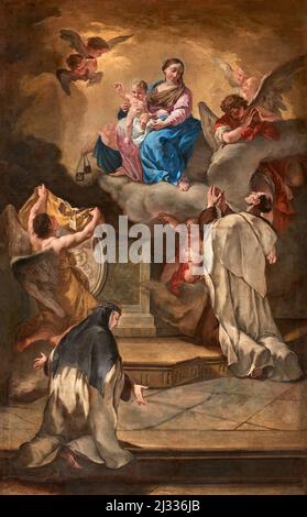 Madonna mit Zilde mit der Hl. Katharina von Siena und Hl. Simone Stock - Öl auf Leinwand - Francesco Polazzo - 1737 - Urgnano (BG), Italien, Kirche St. Stockfoto