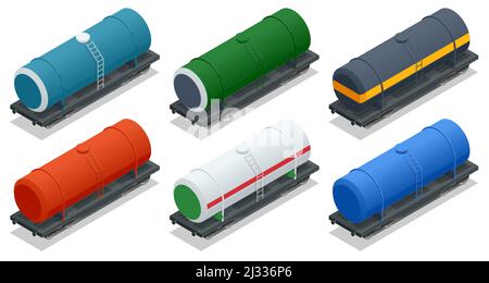 Isometrischer Schienenöl Benzin Tankwagen. Fracht Spedition Transport. Eisenbahntank für Kraftstoff. Schienengüterverkehr. Eisenbahntank für Stock Vektor