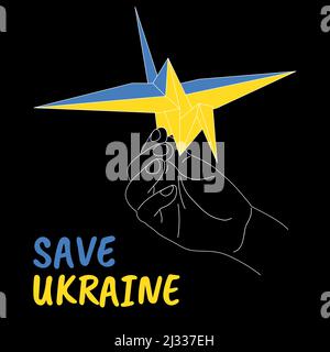 Friedenskonzept Hand halten Papier Origami-Kran in blau gelben Farben der ukrainischen Flagge, speichern Ukraine Skript, japanisches Symbol des Friedens, kein Krieg in der Ukraine Poster Vektor-Illustration Stock Vektor