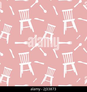 Nahtloses Muster mit Symbolen für Küchengeräte, einem Küchenstuhl, Messer, Gabel und Löffel auf einem hellrosa Hintergrund, mit Farben rosa und weiß Stock Vektor