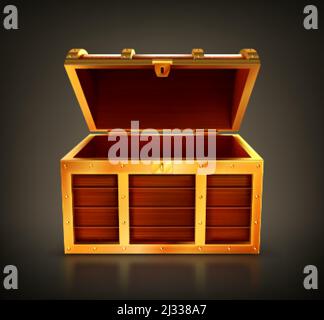 Schatzkiste, leere Holzkiste, offene Schatulle mit goldenen Details und Schlüsselloch. Alte Kofferraum für Gold oder Schmuck, pc-Spiel Artikel, Design-Element isoliert auf Stock Vektor