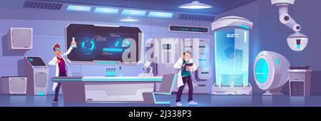 Wissenschaftler im Labor führen Experiment, Männer wissenschaftliche Forschung in Kryonik oder chemische Labor mit Ausrüstung Mikroskop, Glasflaschen, Kryokamera Stock Vektor