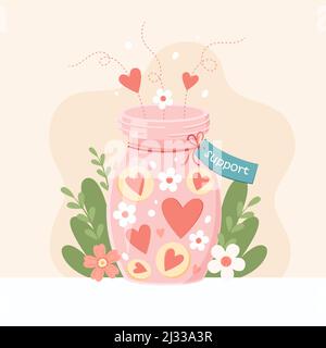 Support- und Charity-Konzept. Glas mit Herzen innen. Anderen helfen, Spenden, ehrenamtliche Arbeit leisten. Niedliche Vektor-Illustration in flachen Cartoon Stock Vektor