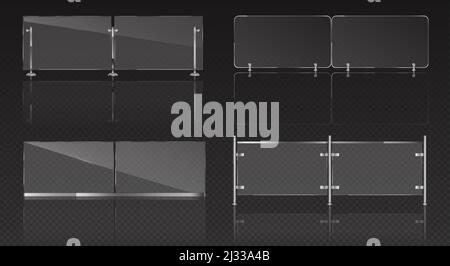 Glasgeländer mit Metallgeländer für Balkon, Terrasse oder Pool. Vector realistische Satz von Plexiglas Barriere mit Stahl Handläufe. Klare Acryl-fenc Stock Vektor