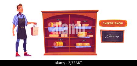 Verkäufer, Käse in den Regalen und speichern Schild. Vektor-Cartoon-Set von Käse-Shop mit Lebensmitteln auf dem Bauernhof auf Schaufenster, Tafel und Mann mit Tasche isoliert auf w Stock Vektor