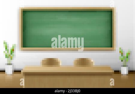 Klassenzimmer mit grüner Tafel an der Wand und Holzlehrertisch mit Stühlen. Leere Tafel für Präsentationen, Online-Konferenzen oder Live-Präsentationen Stock Vektor