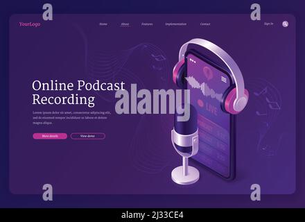 Online Podcast Aufnahme Banner. Nehmen Sie Radiosendungen, Audiointerviews, Live-Gespräche auf. Vektor Landing Page von Podcasting Geschäft mit isometrischen Mikroph Stock Vektor