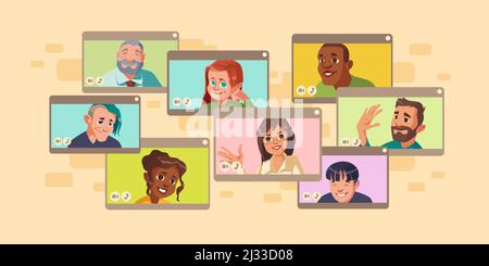 Verschiedene Menschen virtuelle Online-Videokonferenz, mehrere Computer-Bildschirme mit multirassischen Zeichen chatten. Geschäftskollegen oder Freunde treffen Stock Vektor