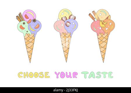 Vector Eiscreme-Set. Schriftzug Wählen Sie Ihren Geschmack. Stock Vektor