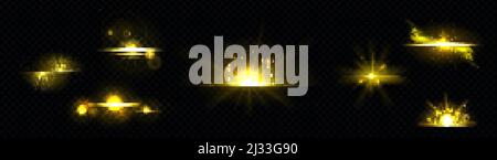 Goldenes Licht, strahlende Sonne, goldene Linie, Sonnenstoß isoliert auf schwarzem Hintergrund. Dämmerung oder Dämmerung platzen Strahlen, Feuerwerk glühen, Explosion oder magische Strahlen, gelb s Stock Vektor
