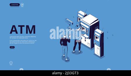 ATM-Banner. Automated Geldautomat, Terminal für Geld Bargeld, Transaktionen und Zahlungen abheben. Vektor Landing Page des automatischen Bankdiensts wi Stock Vektor