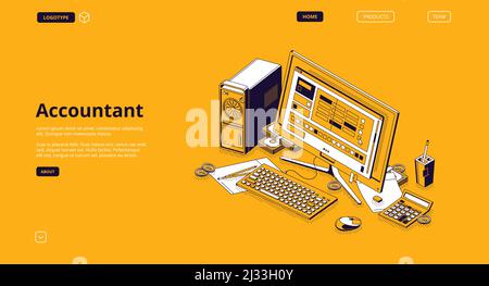 Isometrische Zielseite des Buchhalters. Monatliche wiederkehrende Einnahmen und Steuerberechnung. Computer-Desktop mit Budget oder Zahlungstabelle auf dem Bildschirm und Kalkül Stock Vektor