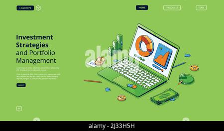 Anlagestrategien und Portfoliomanagement isometrische Landing Page. Laptop mit Datengraphen und -Diagrammen, Münzen und Geldscheinen. Einkommensberechnung, Stock Vektor