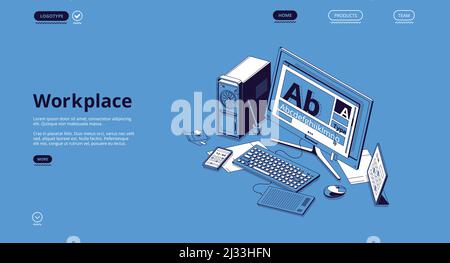 Banner für den Arbeitsplatz. Konzept der Organisation Arbeitsplatz, Fernarbeit, Büro zu Hause oder freiberuflich. Vektor-Landing-Page mit isometrischer Abbildung o Stock Vektor