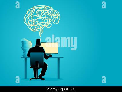 Geschäftskonzept Illustration eines Mannes, der hinter einem Desktop-Computer aus der Rückansicht, Idee, Kreativität und Denkkonzept arbeitet Stock Vektor