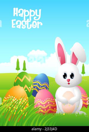Einfache flache Vektordarstellung eines niedlichen Hasen mit Ostereiern auf dem Grasfeld Stock Vektor